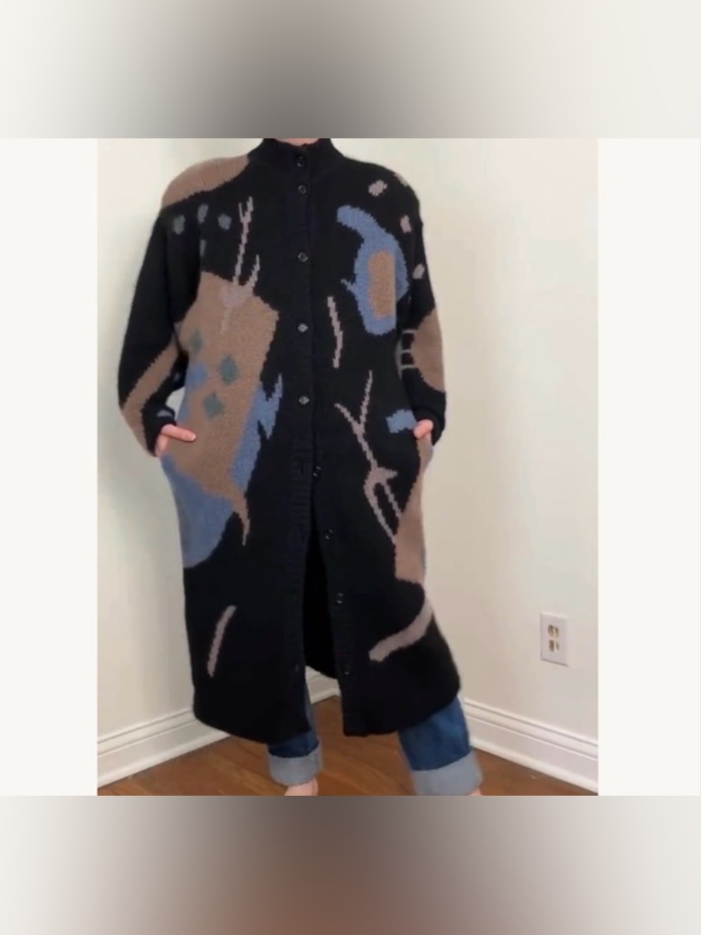 Vintage Segue Abstract Print Long Button Up Cardigan Sweater